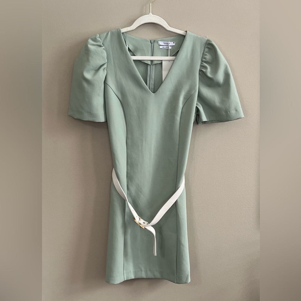 Reserved light green belted short puff sleeves mini dress size large